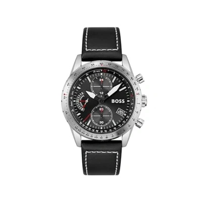 Image of BOSS Men&#039;s 44mm Chronograph Quartz Watch Pilot Edition Chrono with Black Dial, Leather Strap, Date Fuction, 3 Sub Dials, 5ATM Water Resistance 1513853