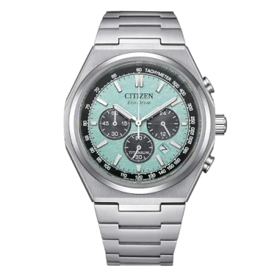 Image of Citizen Chrono Super Titanium turquoise background CA4610 85M Eco Drive men&#039;s watch