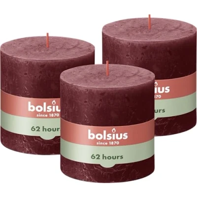 Image of Bolsius Rustic Pillar Candle XXL Dark Red Pack of 3 Long Burning Time 62 Hours Household Interior Decoration Unscented Includes Natural Vegan Wax No Palm Oil 10 x cm