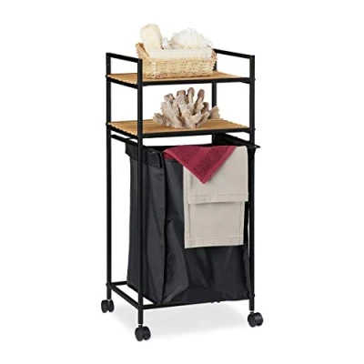 Image of Relaxdays Rolling Bathroom Shelf, 2 Tiers, Rack with Laundry Hamper, Metal, Bamboo, HWD: 89.5x39x32.5 cm, Black/Natural