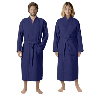 Image of HOMELEVEL Waffle Cotton Dressing Gown Men and Women Womens Mens Gowns Lightweight Bathrobe Towelling Spa Robe Bathrobes Towel Bath Robes for Ladies Navy Small