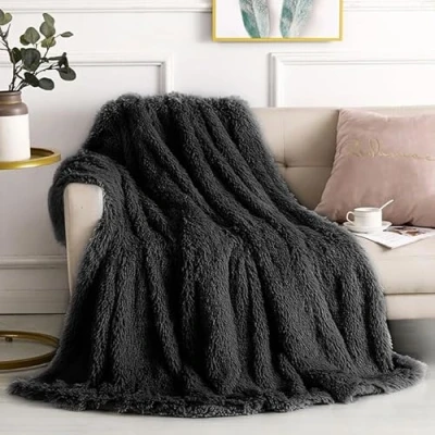 Image of YORKSHIRE HOMEWARE Long Pile Cuddly Faux Fur Shaggy &amp; Fluffy Throws for Bed Couch Sofa Chair Home Accent Decoration Blankets Warm Elegant Cozy Double 150 x 200cm (Black)
