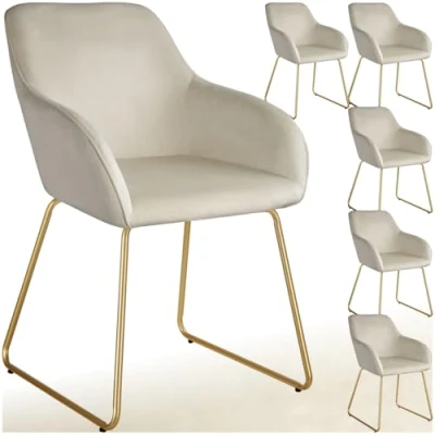 Image of TecTake® Set of 6 Dining Chairs with Soft Velvet Look Covers &amp; Curved Steel Frames, Armchair Plush Padding Ergonomic Backrests, Ideal as Room, Kitchen Desk Chair Cream/Gold