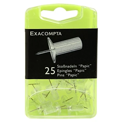 Image of Exacompta Ref 14912E Round Head Pins (Pack of 25) 7mm Width x 10mm Height in Size Suitable for Pinboards or Corkboards Offices, Homes &amp; Businesses Clear