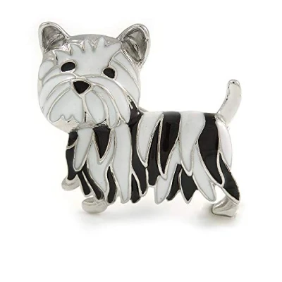 Image of Avalaya Black/White Enamel Yorkie Dog Brooch in Silver Tone Metal 35mm Across