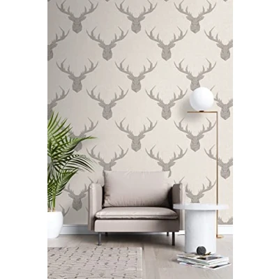 Image of Wallpaper Empire Nina Hancock Designer Geometric Stag Beige Linen and Taupe Heads