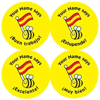 Image of Personalised Spanish Curriculum Reward Stickers.. &#039;*Your Name* says&#039; with Mixed Images and captions. Designed &amp; Made by The Sticker Factory