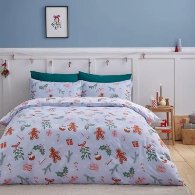 Image of Catherine Lansfield Christmas Gingerbread Soft Microfibre Reversible Single Duvet Cover Set with Pillowcase Blue