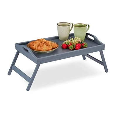 Image of Relaxdays Bamboo Bed Tray, Folding Legs, Raised Edge, for Breakfast in and Serving Table, HWD: 6.5 x 50 30 cm, Grey