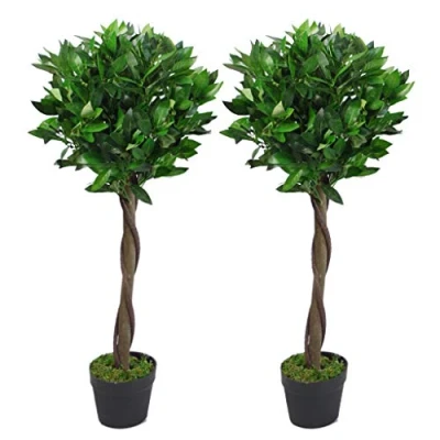 Image of Leaf Design UK Pair of Artificial Bay Topiary Ball Trees, Green Twist, 90cm (3ft)