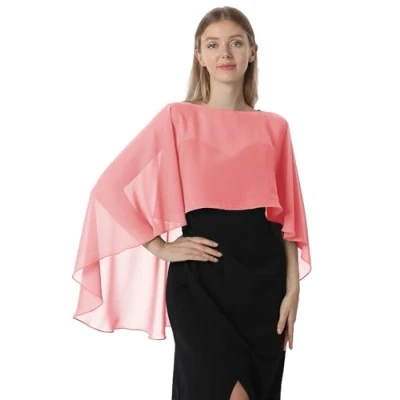 Image of Hotshawl Capelets for women Chiffon Cape Shawls and Wraps Evening Dress Wedding Capes Cover Up, Coral, One Size