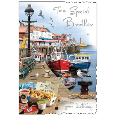 Image of Jonny Javelin Special Brother Birthday Card Happy with Harbourside Fish and Chips Design Embossed Foil Details for Men
