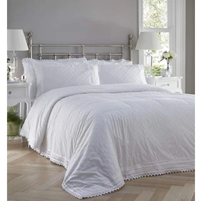 Image of Portfolio Balmoral Broderie Anglaise White Quilted Bed Throwover Set Bedspread Set,254x254cm