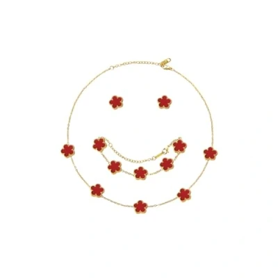 Image of Hanaoops Jewellery Set for Women Girls 18K Gold Plated Stainless Steel Double sided Four Leaf Clover Pendant Necklace Stud Earrings Bracelet Adjustable Sets Birthday Gifts 3 PCS (Red)