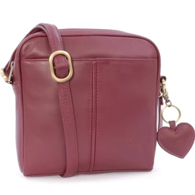Image of Gigi Ladies Small Leather Crossbody Bag Handbag With Long Adjustable Shoulder Strap Heart Keyring Charm OTHELLO 22 29 Burgundy