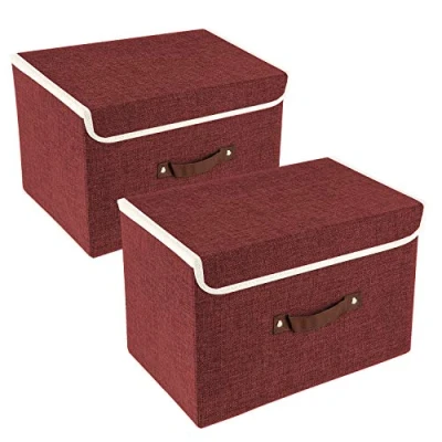 Image of TYEERS Collapsible Storage Box with Lid, Fabric for Clothes, Wardrobe Storage, 38x25x25 cm, Set of 2, Red Wine