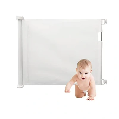 Image of Retractable Safety Gate Dog Puppy Pet Baby Kids Portable Barrier Folding Protector Home Doorway Room Divider Stair Easy to Install &amp; Lockable Mesh Guard Fence (White)