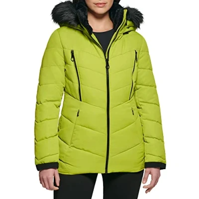 Image of GUESS Women&#039;s Midweight Puffer Jacket, Hooded Lime, XL