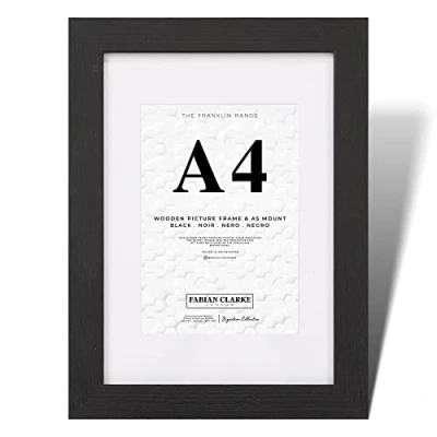 Image of Fabian Clarke London® A4 Modern Black Wooden Picture Photo Frame For Certificate or Noticeboard Poster with White A5 Mount to Hang Portrait Landscape