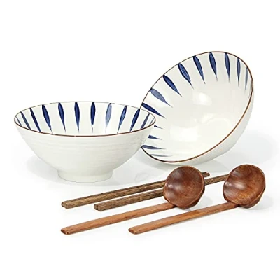 Image of Tableware Ramen Bowl Ceramic Set of 2 Porcelain Noodles Bowls Dinner Sets for Pasta Soup Pho Mixing Salad Dishes Snack cereal Food with Spoons Chopsticks Kit 1100 Ml New Home House Warming Gifts