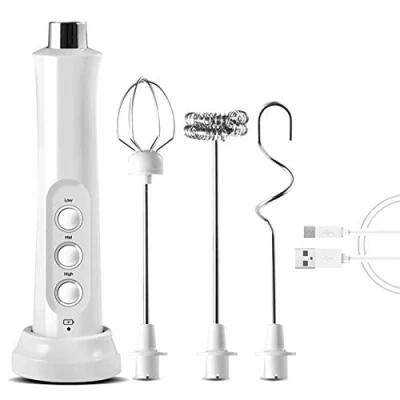 Image of Milk Frother, USB Rechargeable Frother Handheld Electric 3 Speeds Foam Maker with Stainless Steel Whisk for Cappuccino Latte Coffee Protein Powder Matcha White One Size