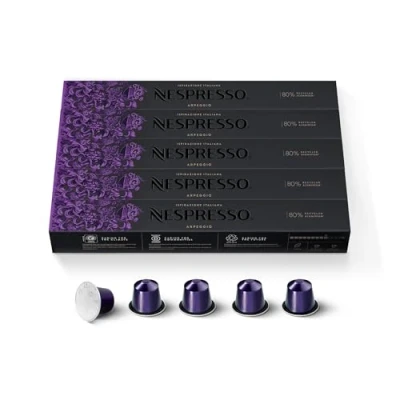 Image of Nespresso Original Coffee Pods 50 Inspiranzione Arpeggio Capsules for Machines. Make Espressos, Cappuccino and Macchiato at home. A short dark roast, intensity 9 coffee. Recyclable
