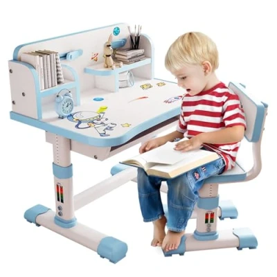 Image of joukares Kids Functional Desk and Chair Set, Height Adjustable Children School Study Table Set with Cartoon Pattern, Ergonomic Large Writing Board, Book Stand Storage Drawer