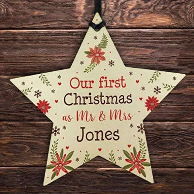 Image of RED OCEAN First Christmas as Mr and Mrs Tree Bauble Personalised Wood Star 1st Xmas Gift Decor