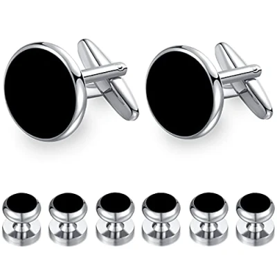 Image of HONEY BEAR 8pcs set Cufflinks and Studs Black Onyx, for Men Shirts Tuxedo Wedding Gift … (8ps with Silver)
