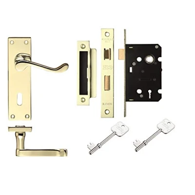 Image of Victorian Scroll Polished Brass Door Handle Pack 3 Lever Lock Set