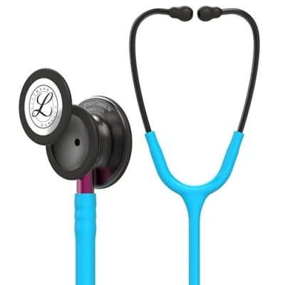 Image of 3M Littmann Classic III Monitoring Stethoscope, Smoke Chestpiece, Turquoise Tube, Pink Stem and Headset, 27 inch, 5872