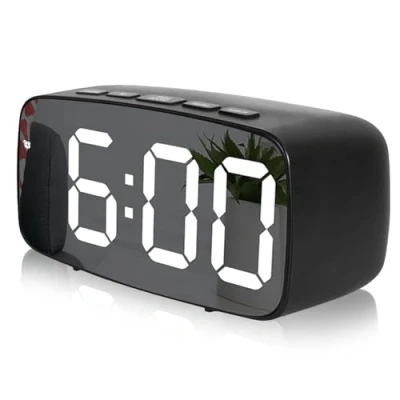 Image of Digital Alarm Clock Mirror LED Bedside with Temperature &amp; Date, Snooze, Adjustable Brightness, Voice Control Night Mode USB/Battery Powered Clocks for Bedroom, Office (Black)