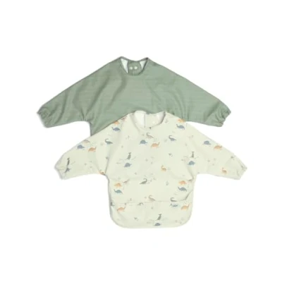 Image of Mamas &amp; Papas 2 Pack Waterproof Long Sleeved Messy Baby Bibs, Ideal for Weaning 6 18 Months Dino Stripe