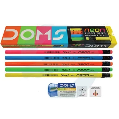 Image of Doms Neon Rubber Tipped Graphite Pencils Sharpener Pack Draw Write Sketch, iZOFAX Black Ball Pen