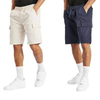 Image of Crosshatch Classic 2 Pack 100% Cotton Cargo Shorts with Drawcord and Elasticated Waist 6 Pockets Soft Twin Short Summer Holiday Hiking Navy Stone S
