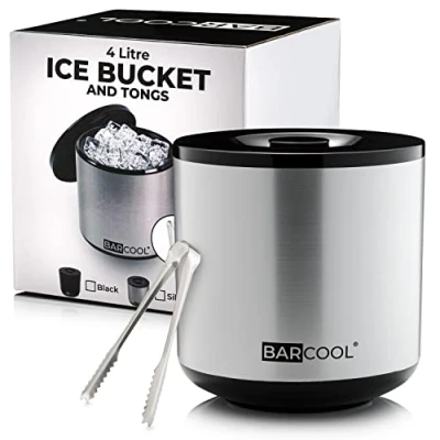 Image of Barcool Ice Bucket with Lid and Tongs 4 Litre Round &amp; Double Walled Insulation Perfect for Home Bars, Pubs, Restaurants, BBQs Picnics (Silver)