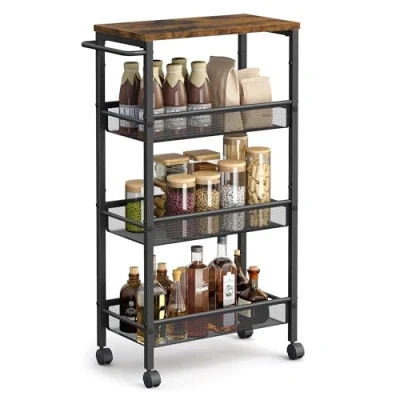 Image of VASAGLE 4 Tier Trolley, Space Saving Kitchen Cart with Wheels, Steel Frame, Handle, Trolley for Small Spaces, 22 x 45.5 77 cm, Bathroom Living Room Studio, Rustic Brown and Black LRC033B01