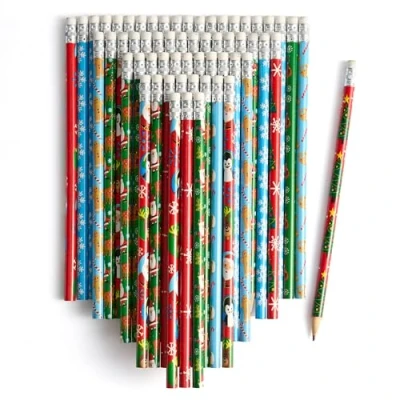 Image of THE TWIDDLERS 60 Christmas Pencils with Rubber Erasers, Santa Xmas Tree Reindeer Snowman Themed, Assorted Festive Designs for Kids Gift Toys, Party Bag Fillers Favours
