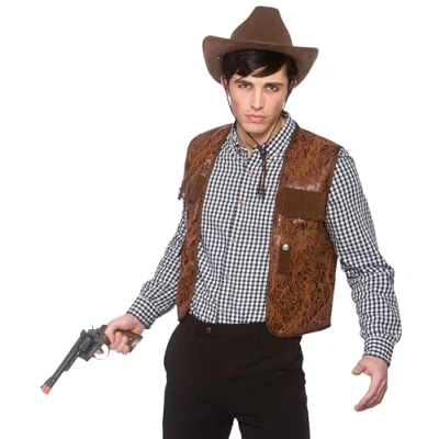 Image of Wicked Costumes Men&#039;s Brown Cowboy Waistcoat Fancy Dress Costume One Size