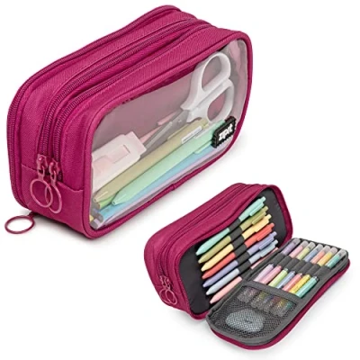 Image of ZIPIT Half &amp; Pencil Case for Girls Large Capacity Pouch Bag School, College and Office (Pink)