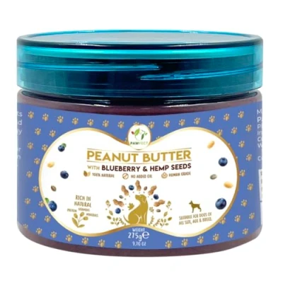 Image of Pawfect Peanut Butter with Blueberry &amp; Hempseeds 100% Natural No Xylitol, Palm Oil, Salt or Sugar Expertly formulated for dogs Topper lick mats, toys, food (275g/9.70oz)