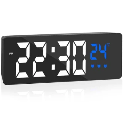 Image of Digital Alarm Clock, Jsdoin Large LED Display Clock with Temperature Bedside USB/Battery Powered 3 Snooze Model,12/24hr,Auto Dim at Night,Voice Control