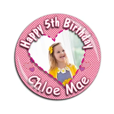 Image of Large 75mm Personalised Girls Heart 1st 2nd 3rd 4th 5th 6th 7th Happy Birthday Photo Badge N43 *Select from 3 Backing Choices Pin Back/Magnet Back/Mirror Back