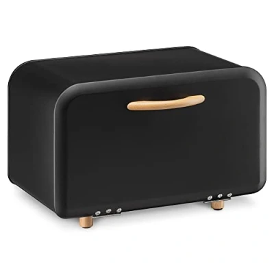 Image of Navaris Bread Bin Metal Box Storage Tin with Front Opening Drop Down Door for Kitchen Counter or Shelf Bakery Container Black