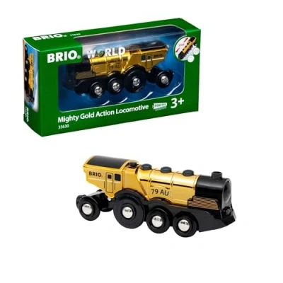 Image of BRIO World Mighty Gold Action Locomotive Battery Powered Toy Train for Kids Age 3 Years Up Wooden Railway Set Add On Accessories