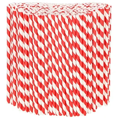 Image of Disposable Paper Drinking Straws Bulk Pack of 1000, Red/White Striped, 19.7 x 0.6 cm Environmentally Friendly