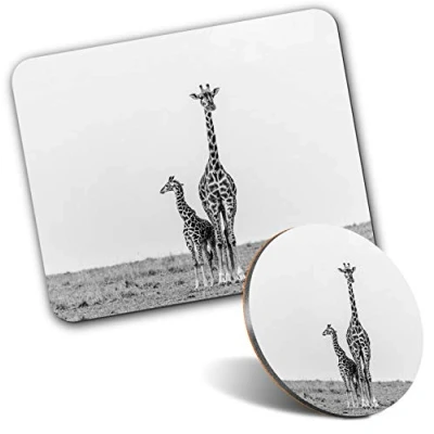 Image of Rectangle Mouse Mat &amp; Round Coaster Set BW Giraffe African Wild Animal 20 cm 9 for Computer Laptop, Office, Gift, Non slip Base #42933