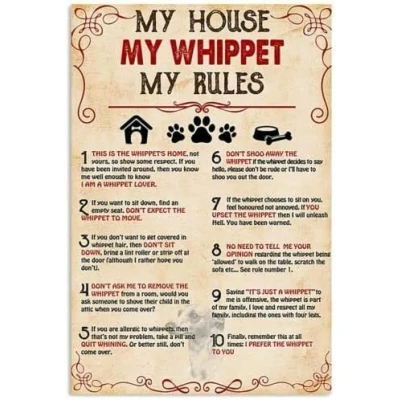 Image of Metal Tin Signs my house whippet rules Funny Sign Retro Vintage for Home Kitchen Coffee Farm Wall Art Decor 8X12 Inches