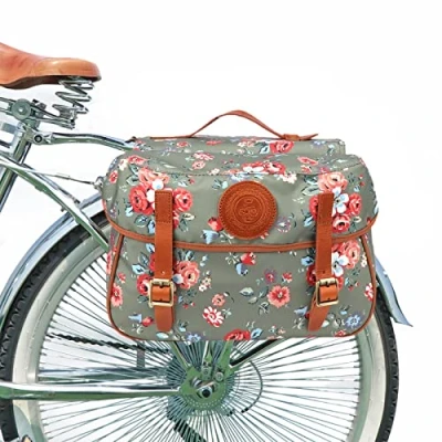Image of TOURBON Waterproof Canvas Bike Rear Double Pannier Bag Cycling Luggage Storage Seat Trunk Carrier (Flower Pattern)