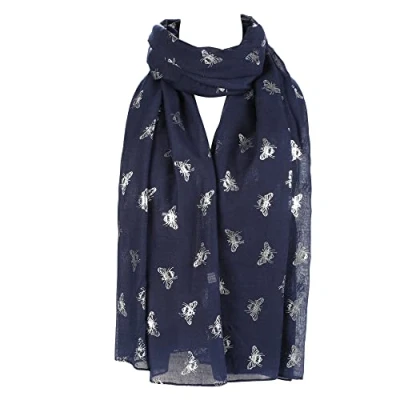 Image of Women&#039;s Glitter Bumble Bee Print Ladies Scarf Lightweight Fashion Wrap (Glitter Navy Blue)